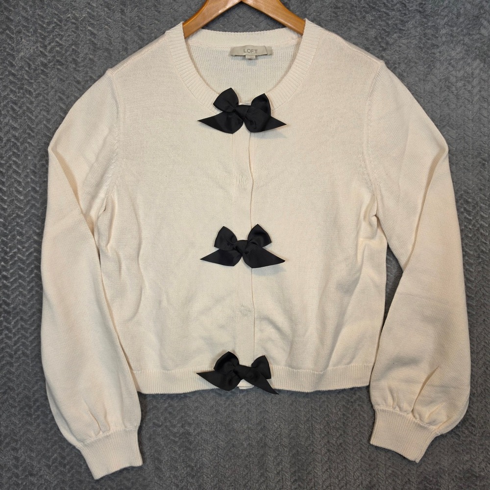 LOFT Coquette Womens Cream Cotton Knit Cardigan Sweater Black Bow Accents Size L